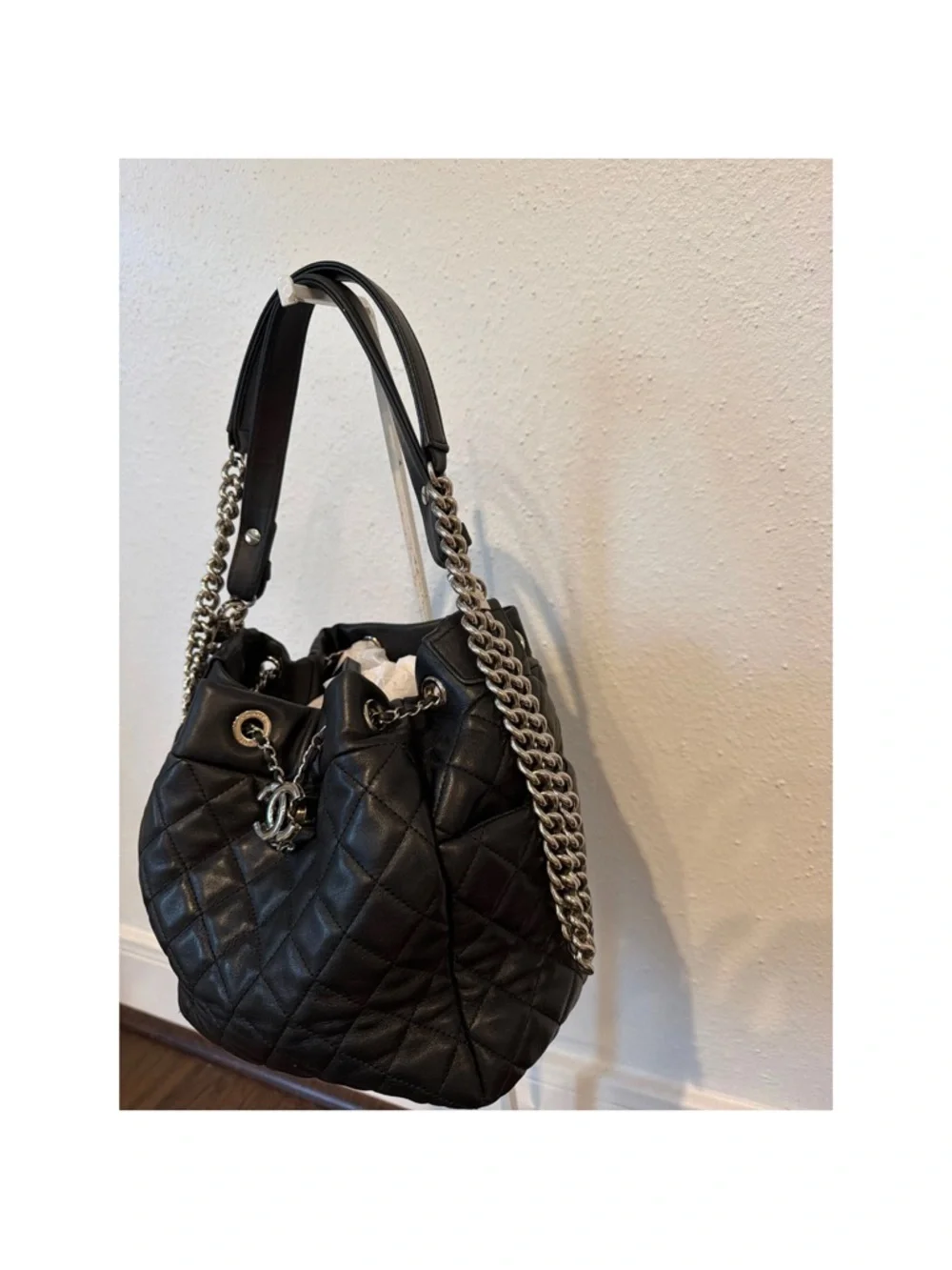CHANEL Black Quilted Leather Bucket Hobo with Chain Strap